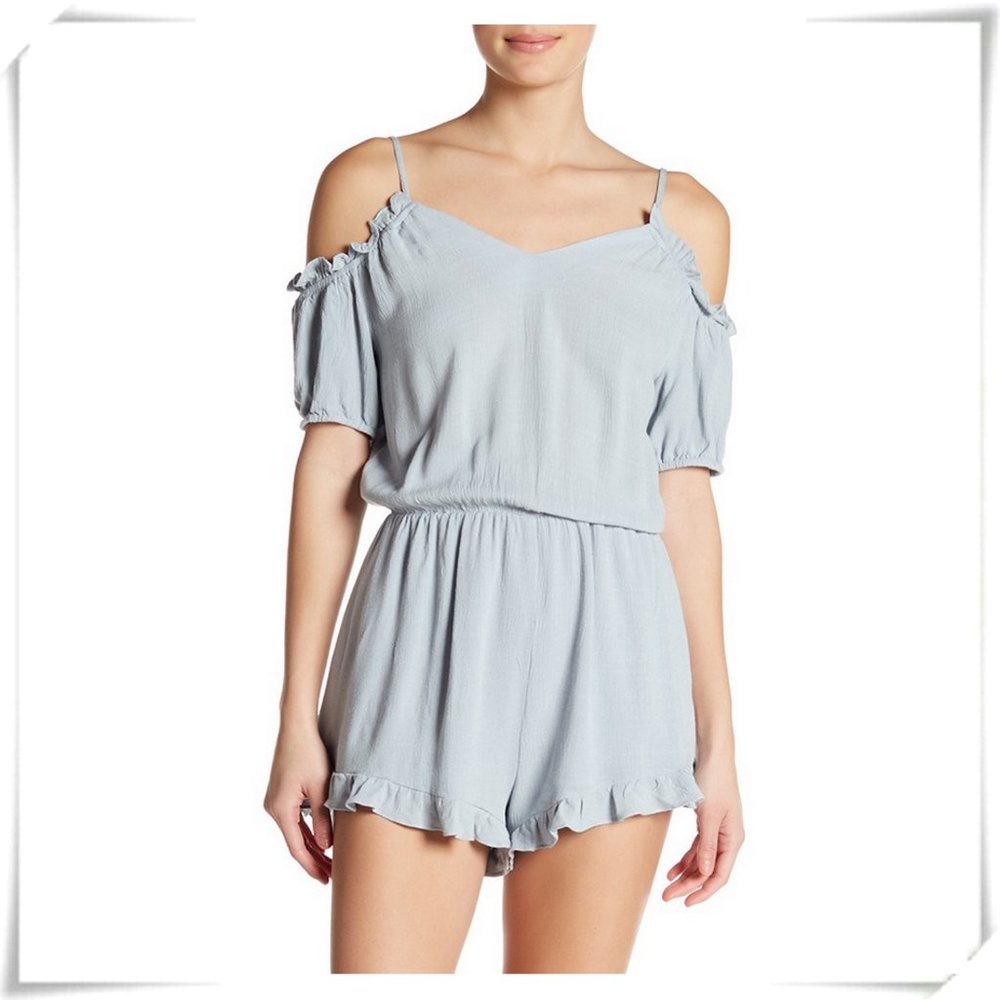 💲Sale 3/$15 - Elodie Romantic Grey Cold Shoulder Spaghetti Strap Ruffle Romper